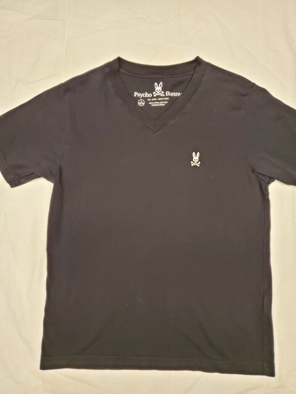 Psycho Bunny Boys V-Neck Tee L 14/16 Black Pima Cotton Embroidered Bunny Logo